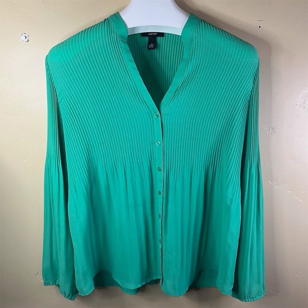 Alfani Women's Long Sleeve Pleated Blouse Kelly Green‎ Size 14 Career Work Wear